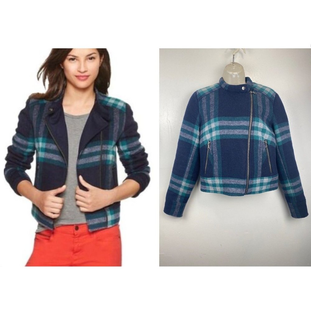Gap Navy Tartan Plaid Wool‎ Blend Moto Jacket Coat Zip Quilted Womens Small